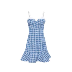 Rocha Roma Pearl Chain Houndstooth Dress Blue