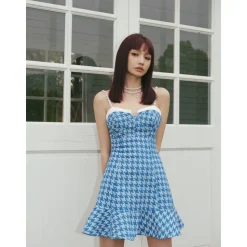 Rocha Roma Pearl Chain Houndstooth Dress Blue