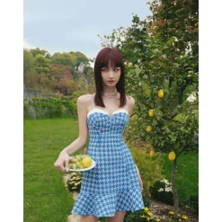 Rocha Roma Pearl Chain Houndstooth Dress Blue
