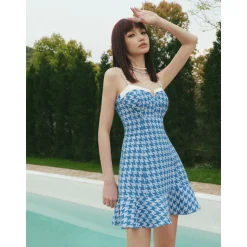 Rocha Roma Pearl Chain Houndstooth Dress Blue
