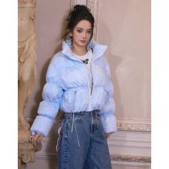 Rocha Roma Plaid Bow Short Down Jacket Blue