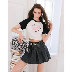 Rocha Roma "RARA" Logo Pleated Denim Skirt Black