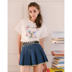 Rocha Roma "RARA" Logo Pleated Denim Skirt Blue