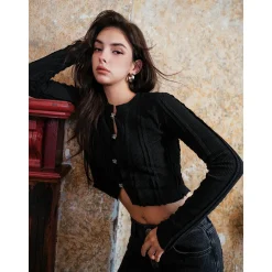 Rocha Roma Rhinestone Hollow-Out Cardigan Black