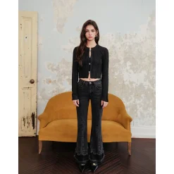 Rocha Roma Rhinestone Hollow-Out Cardigan Black