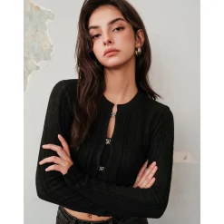 Rocha Roma Rhinestone Hollow-Out Cardigan Black