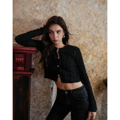 Rocha Roma Rhinestone Hollow-Out Cardigan Black