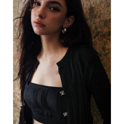 Rocha Roma Rhinestone Hollow-Out Cardigan Black