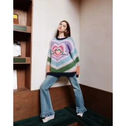Rocha Roma Striped Rainbow Heart Sweater