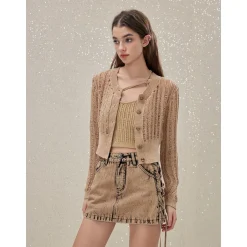Rocha Roma Wasteland Punk Hollow Knitted Cardigan Khaki