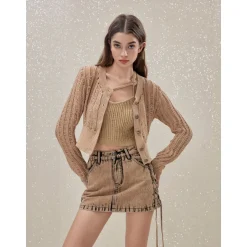 Rocha Roma Wasteland Punk Hollow Knitted Cardigan Khaki