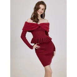 Sheer Luck Alba Metal Logo Knit Skirt Red