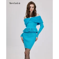 Sheer Luck Alba Metal Logo Knit Skirt Blue