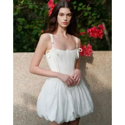 Sheer Luck Amari Fish-bone Mini Puff Dress White