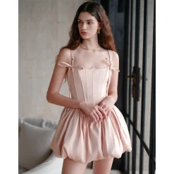 Sheer Luck Amari Fish-bone Mini Puff Dress Pink