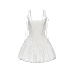 Sheer Luck Amari Fish-bone Mini Puff Dress White