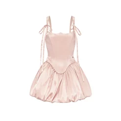 Sheer Luck Amari Fish-bone Mini Puff Dress Pink