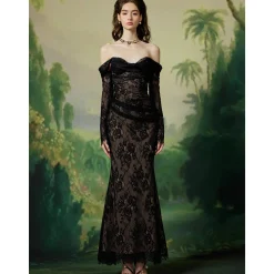 Sheer Luck Ariel Lace Fishbone Flare Dress Black