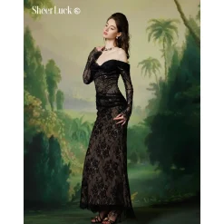 Sheer Luck Ariel Lace Fishbone Flare Dress Black