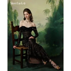 Sheer Luck Ariel Lace Fishbone Flare Dress Black
