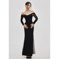 Sheer Luck Ariel Off-Shoulder Fishtail Mesh Dress Black