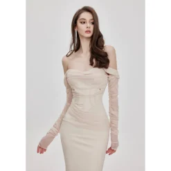 Sheer Luck Ariel Off-Shoulder Fishtail Mesh Dress Cream