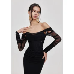 Sheer Luck Ariel Off-Shoulder Fishtail Mesh Dress Black