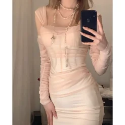 Sheer Luck Ariel Off-Shoulder Fishtail Mesh Dress Cream