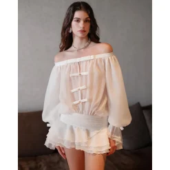Sheer Luck Gauze Off Shoulder Puff Tube Dress White