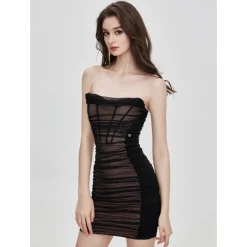Sheer Luck Kali Mesh Pleated Tube Dress Black