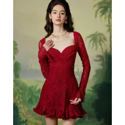 Sheer Luck Laura French Lace Waist-In Dress Red