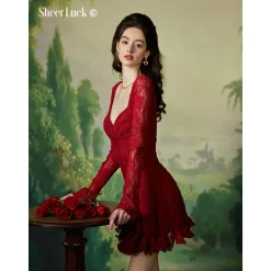Sheer Luck Laura French Lace Waist-In Dress Red
