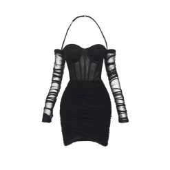 Sheer Luck Mesh Fish-Bone Wrap Sling Dress Black