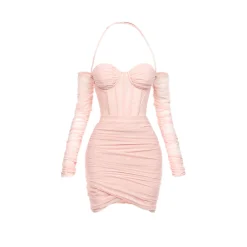 Sheer Luck Mesh Fish-Bone Wrap Sling Dress Pink