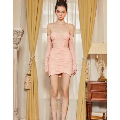 Sheer Luck Mesh Fish-Bone Wrap Sling Dress Pink