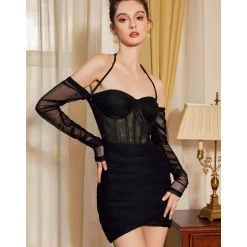 Sheer Luck Mesh Fish-Bone Wrap Sling Dress Black