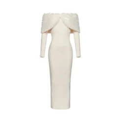 Sheer Luck Nonna Off-Shoulder Faux Mink Slim Knitted Dress White