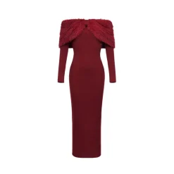 Sheer Luck Nonna Off-Shoulder Faux Mink Slim Knitted Dress Red