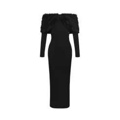 Sheer Luck Nonna Off-Shoulder Faux Mink Slim Knitted Dress Black