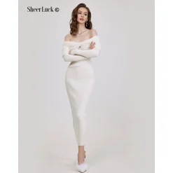 Sheer Luck Nonna Off-Shoulder Faux Mink Slim Knitted Dress White