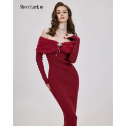 Sheer Luck Nonna Off-Shoulder Faux Mink Slim Knitted Dress Red