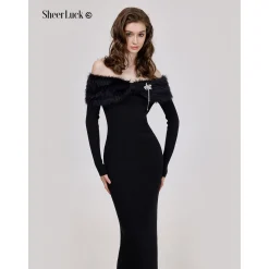 Sheer Luck Nonna Off-Shoulder Faux Mink Slim Knitted Dress Black