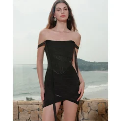 Sheer Luck Nyree Gauze Ribbon Off Shoulder Dress Black