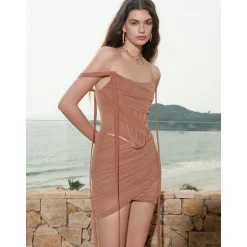 Sheer Luck Nyree Gauze Ribbon Off Shoulder Dress Caramel