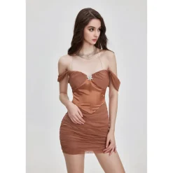 Sheer Luck Rosette Fishbone Mesh Tube Top Dress Brown
