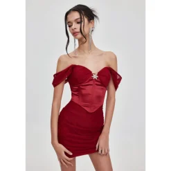 Sheer Luck Rosette Fishbone Mesh Tube Top Dress Red