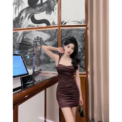 Sheer Luck Sidra Fishbone Mini Satin Slim Dress Brown