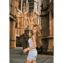 Sheer Luck Sidra Fishbone Mini Satin Slim Dress Blue