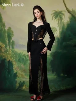 Sheer Luck Sofi Lace Hollow Cutting Long Skirt Black