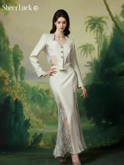 Sheer Luck Sofi Lace Hollow Cutting Long Skirt White